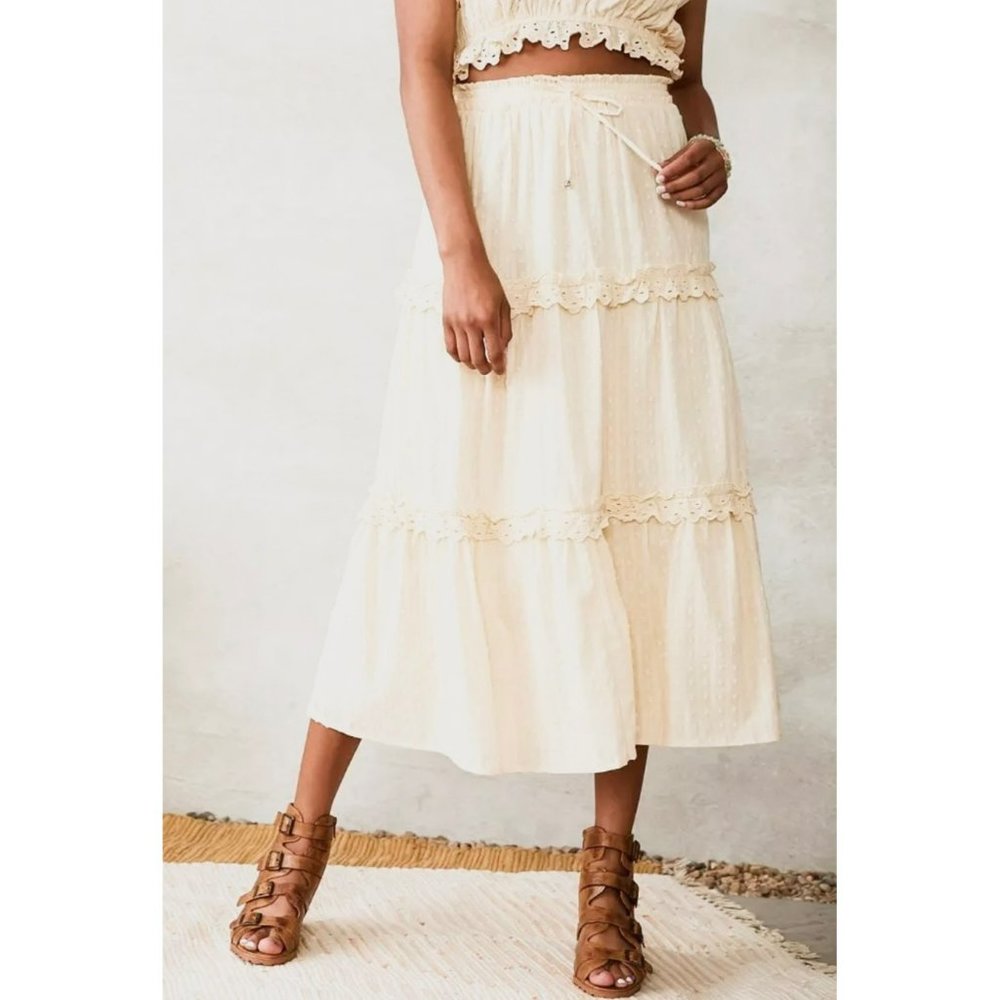 Mable White Swiss Dot Tiered Maxi Skirt Size Medium